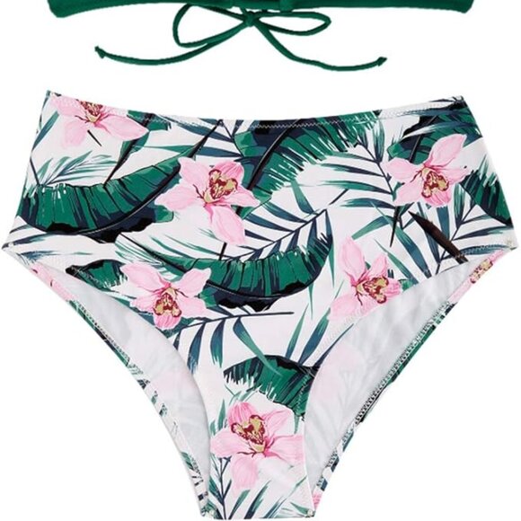 TEMPTME green floral lace up high waisted 2-piece swimsuit bikini NEW, size M - Picture 8 of 15